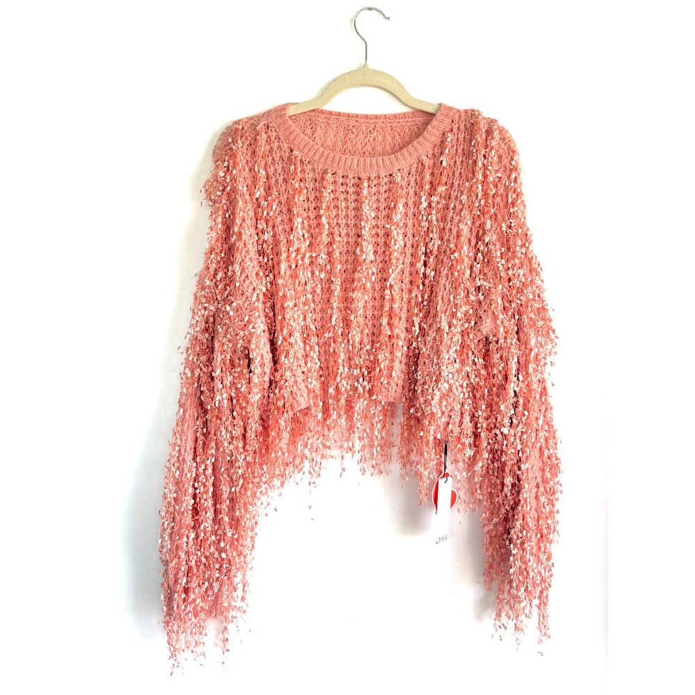 Cider Coral Peach Rose Fringe Long Sleeve Crop Sweater
